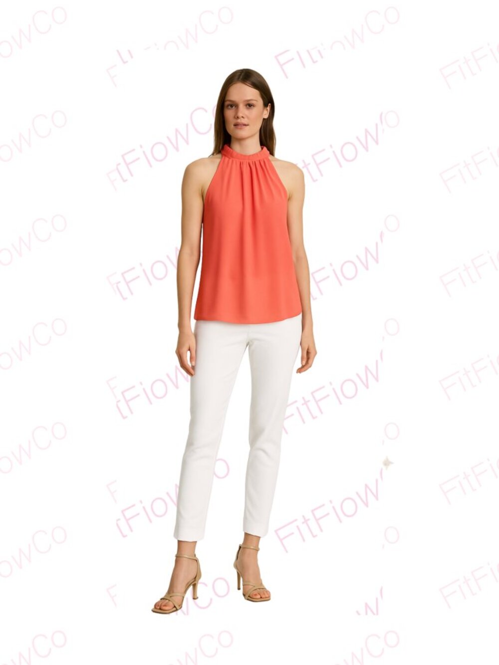 WHBM Coral Halter Ruffle Neck Sleeveless Blouse Top Size 6 EUC